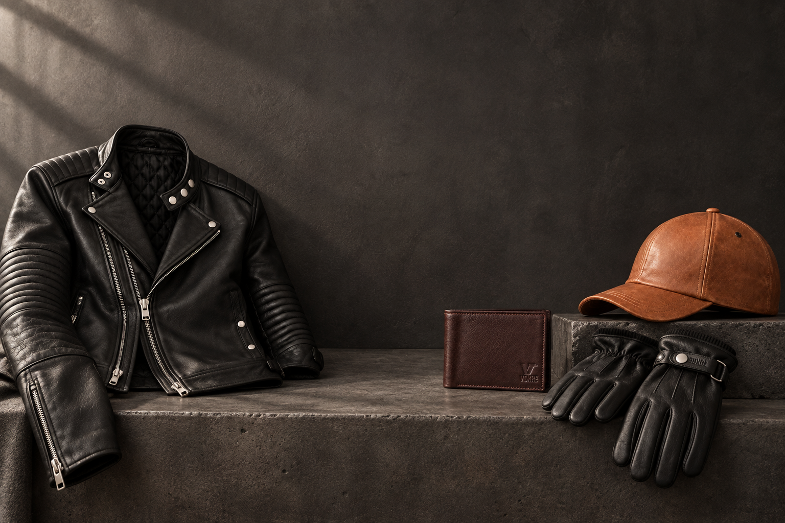 Leather jacket, wallet, gloves and cap arranged in a dark studio