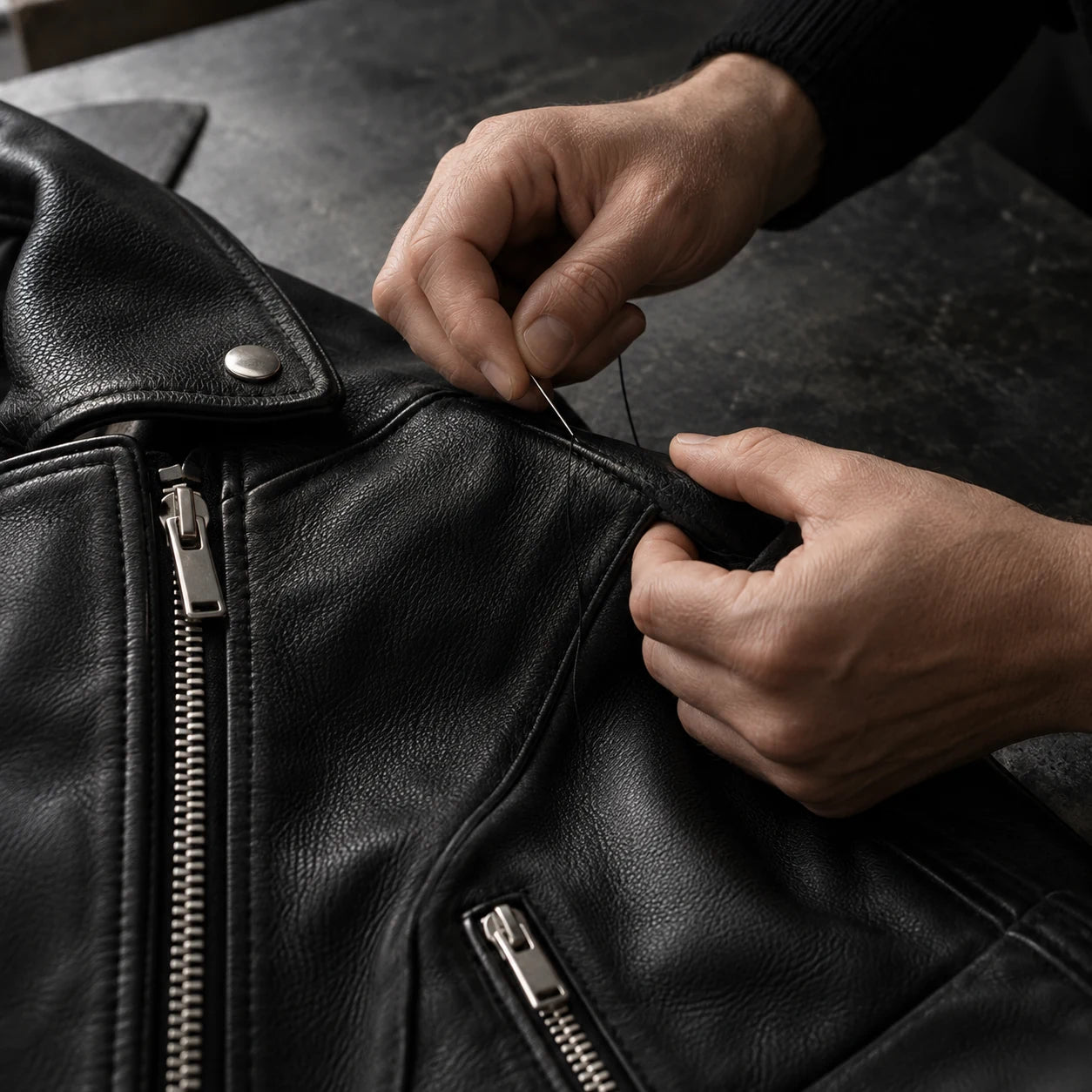 Artisan hand-stitching a black leather biker jacket