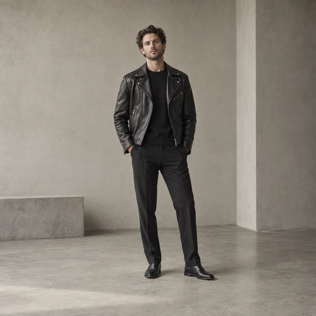 Model wearing a black leather biker jacket in a minimalist studio
