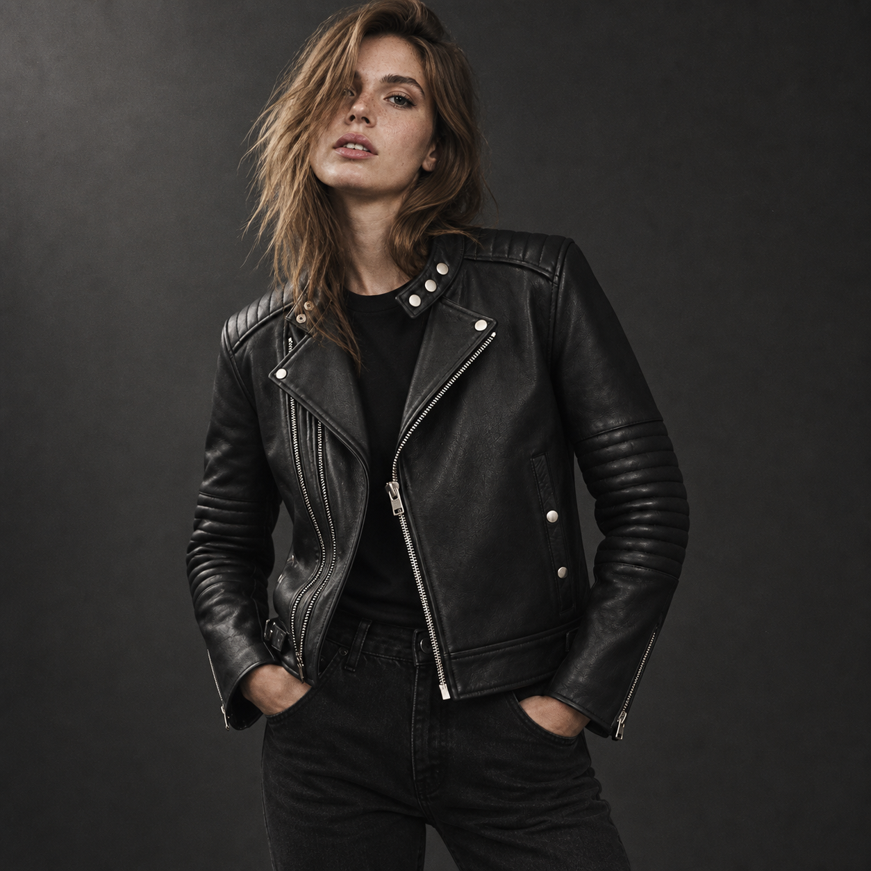 Model wearing the Vokre black leather biker jacket in a charcoal studio
