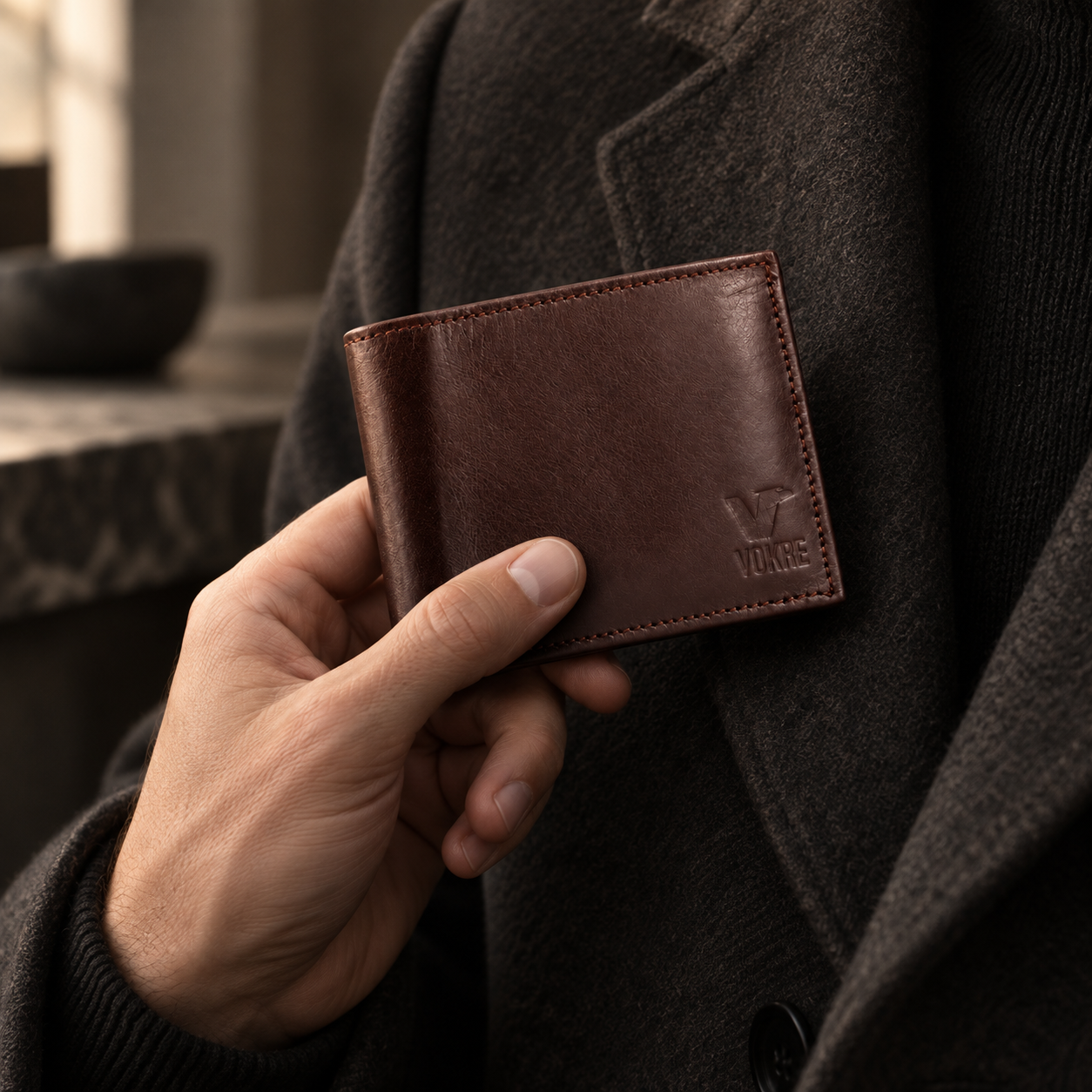 Vokre brown leather wallet held against a tailored charcoal coat