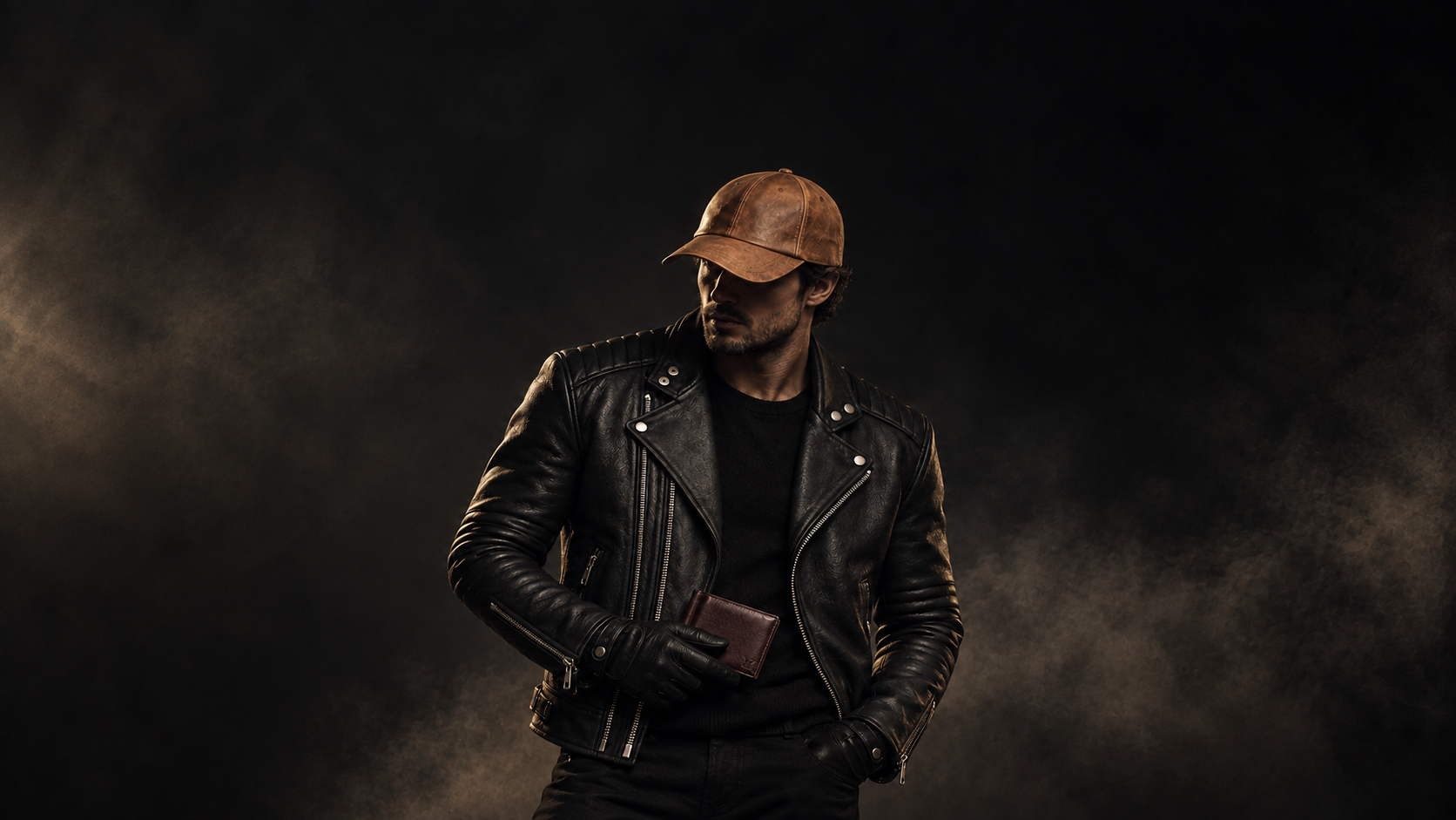 Model wearing black leather fashion and accessories