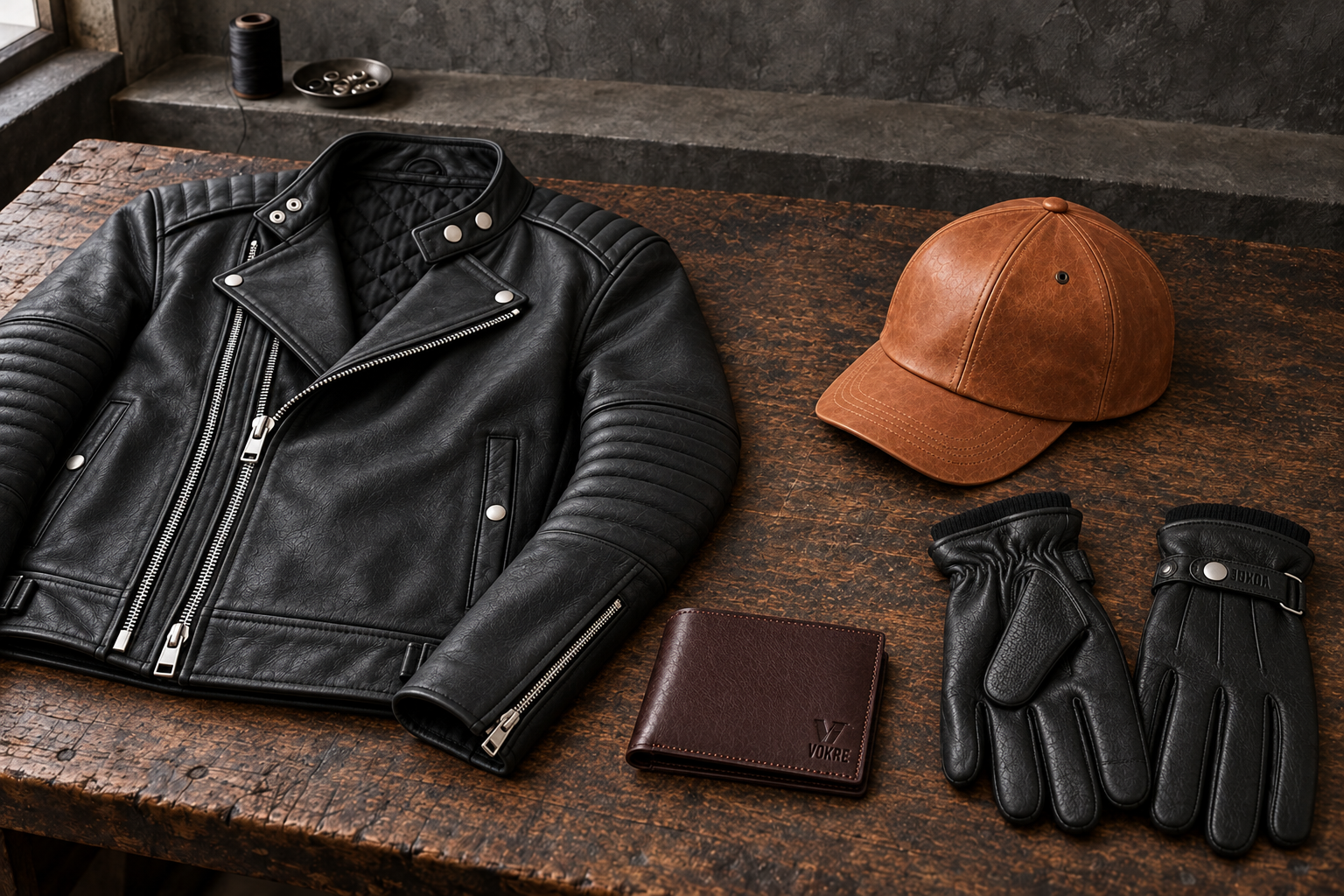 Finished leather jacket, wallet, gloves, and cap arranged on the same artisan workbench