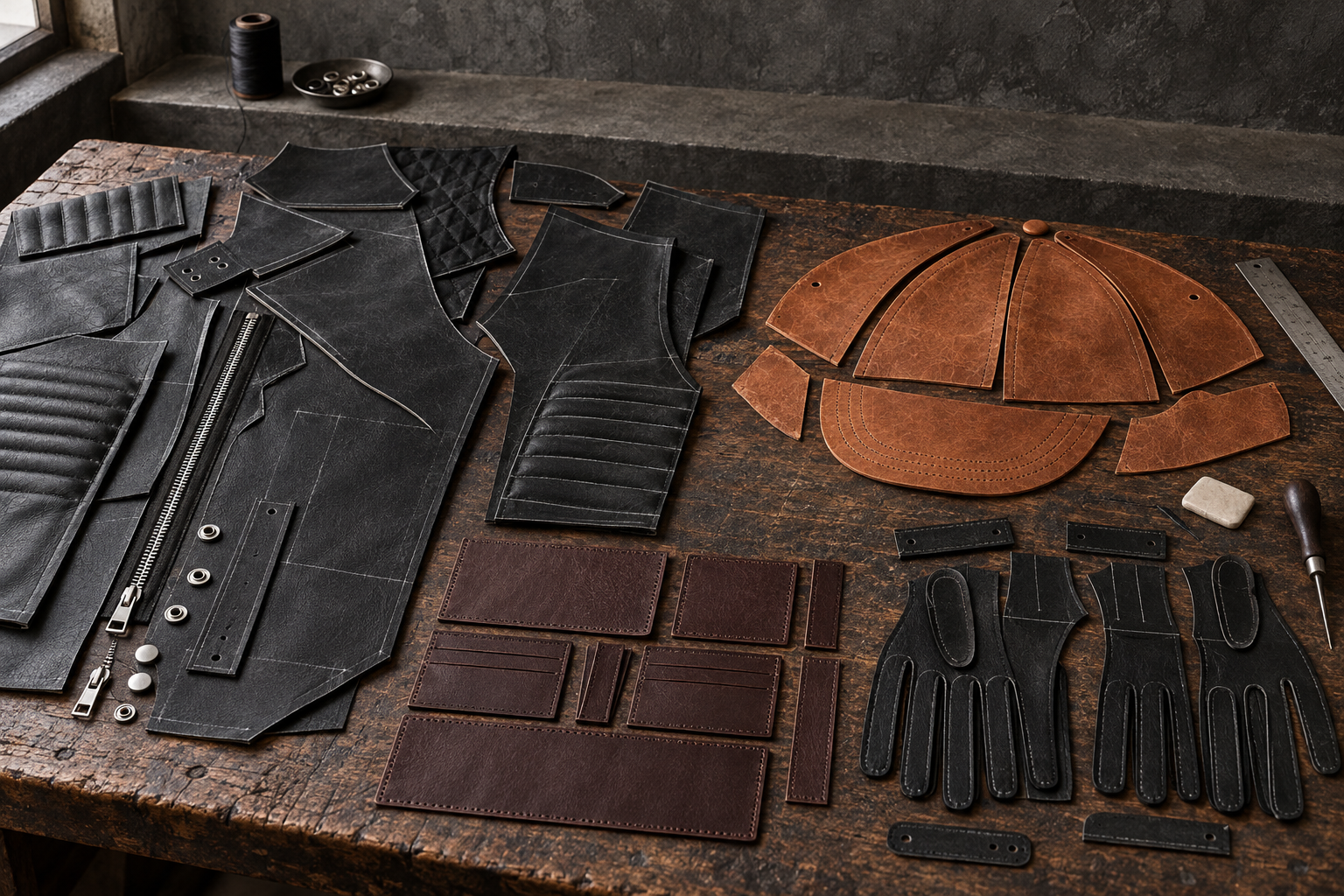 Cut leather panels, patterns, and hardware arranged on an artisan workbench before assembly