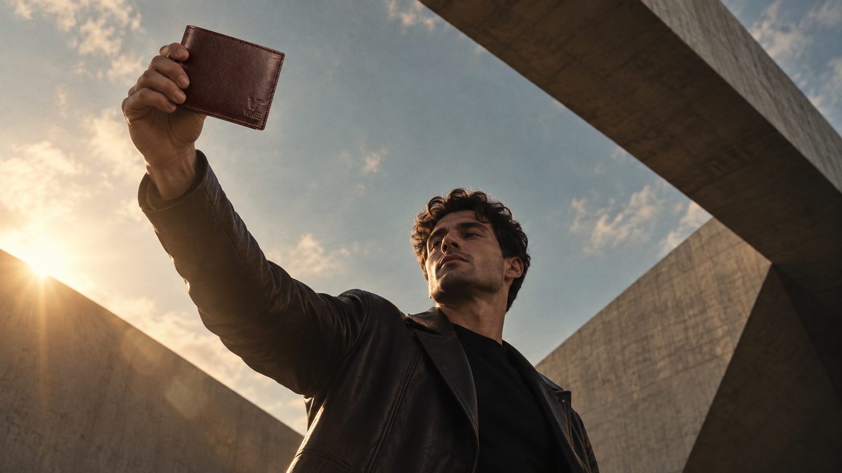 Model presenting a brown leather wallet